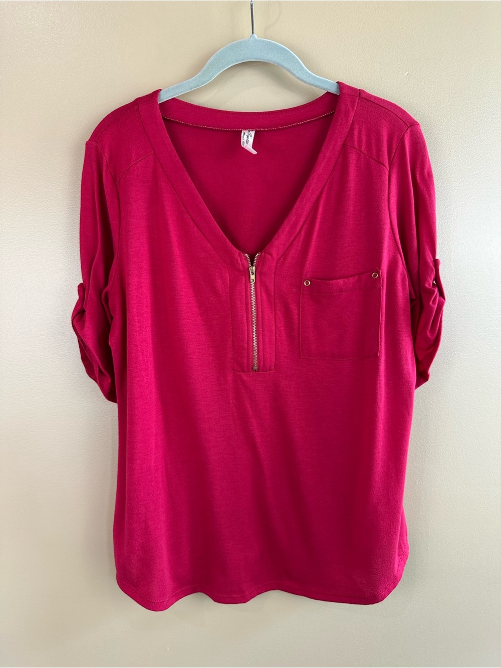 PerSeption Concept Fuchsia Hot Pink Zip V-Neck Roll-Tab Sleeve Blouse Top Large